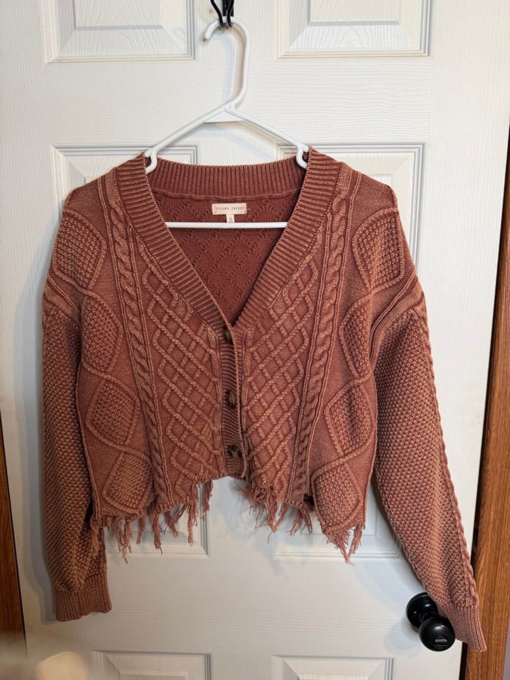 Gilded Intent Dusty Rose Cable Knit Fringed Cropped Cardigan